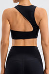 LC264647-P2-S, LC264647-P2-M, LC264647-P2-L, LC264647-P2-XL, Black Solid Color Asymmetric Cut Out Sports Bra