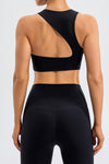 LC264647-P2-S, LC264647-P2-M, LC264647-P2-L, LC264647-P2-XL, Black Solid Color Asymmetric Cut Out Sports Bra