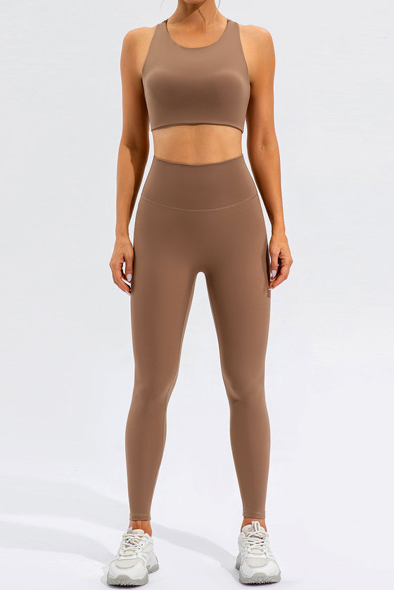 LC264647-P1016-S, LC264647-P1016-M, LC264647-P1016-L, LC264647-P1016-XL, Camel Solid Color Asymmetric Cut Out Sports Bra