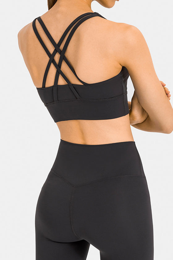 PACK264648-P2-1, Black Solid Strappy Back U Neck Sports Bra