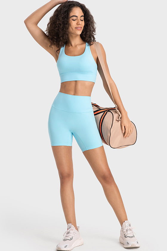 PACK264648-P4-1, Light Blue Solid Strappy Back U Neck Sports Bra