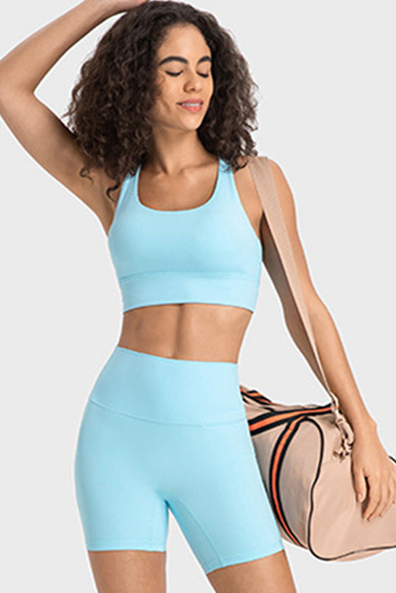 PACK264648-P4-1, Light Blue Solid Strappy Back U Neck Sports Bra