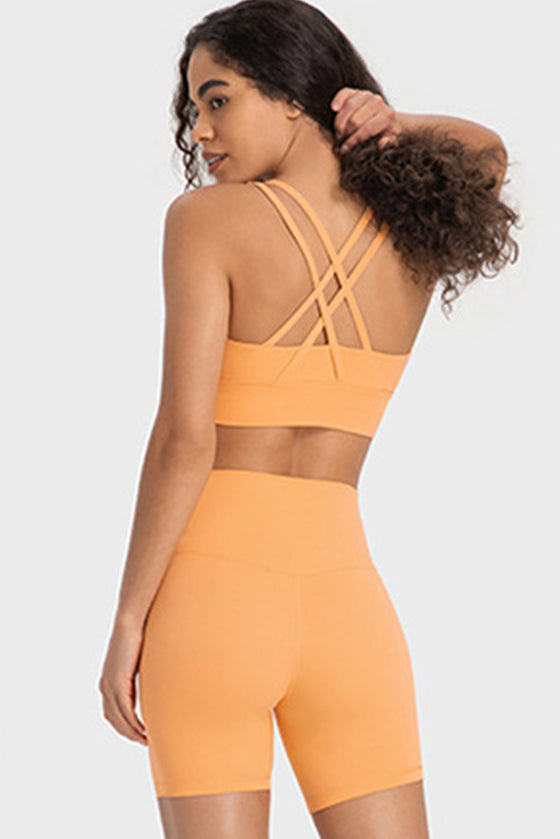 PACK264648-P3014-1, Grapefruit Orange Solid Strappy Back U Neck Sports Bra