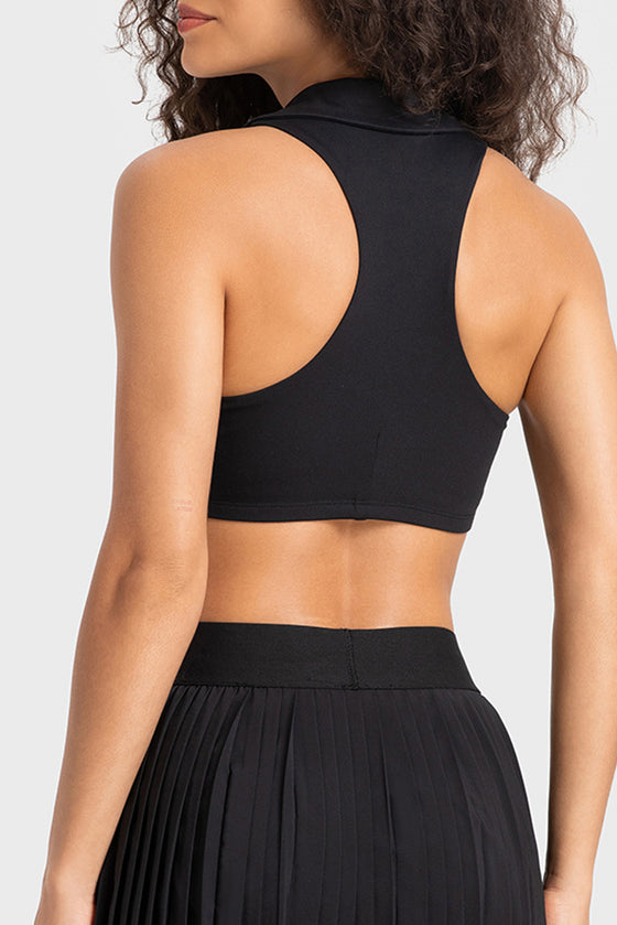 PACK264651-P2-1, Black Solid Color Turn Down Collar V Neck Sports Bra