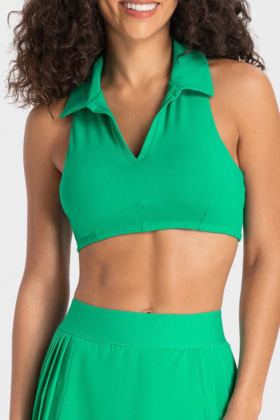 PACK264651-P109-1, Bright Green Solid Color Turn Down Collar V Neck Sports Bra