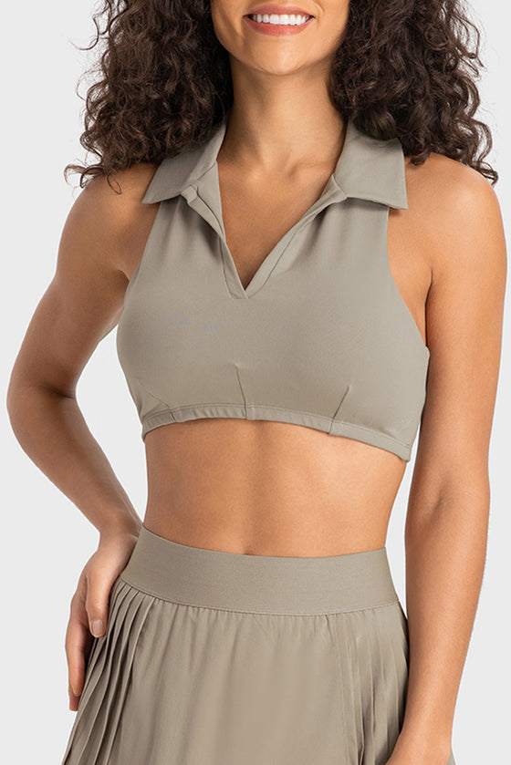 PACK264651-P5016-1, Pale Khaki Solid Color Turn Down Collar V Neck Sports Bra