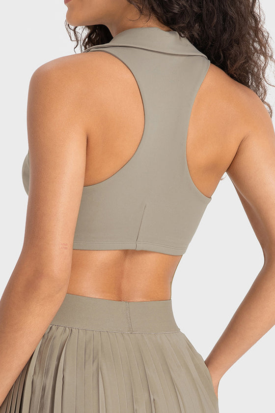 PACK264651-P5016-1, Pale Khaki Solid Color Turn Down Collar V Neck Sports Bra