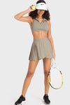 PACK264651-P5016-1, Pale Khaki Solid Color Turn Down Collar V Neck Sports Bra