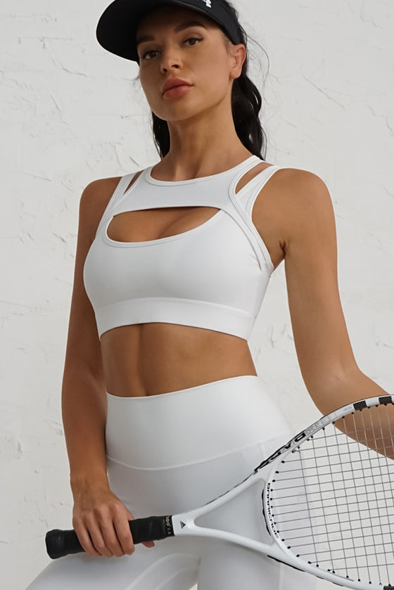 LC264652-P1-S, LC264652-P1-M, LC264652-P1-L, White Solid Color Push Up Cutout Active Sports Bra
