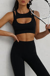 LC264652-P2-S, LC264652-P2-M, LC264652-P2-L, Black Solid Color Push Up Cutout Active Sports Bra