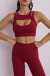 LC264652-P503-S, LC264652-P503-M, LC264652-P503-L, Burgundy Solid Color Push Up Cutout Active Sports Bra