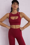 LC264652-P503-S, LC264652-P503-M, LC264652-P503-L, Burgundy Solid Color Push Up Cutout Active Sports Bra