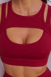 LC264652-P503-S, LC264652-P503-M, LC264652-P503-L, Burgundy Solid Color Push Up Cutout Active Sports Bra