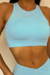 LC2611601-P304-S, LC2611601-P304-M, LC2611601-P304-L, Sky Blue Mesh Insert Sports Bra And Pocketed Leggings Workout Set
