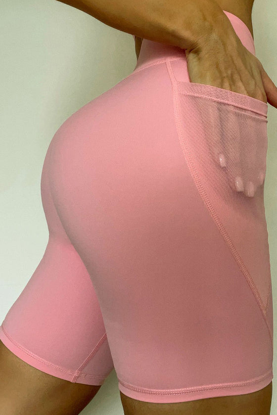 LC2611601-P1010-S, LC2611601-P1010-M, LC2611601-P1010-L, Light Pink Mesh Insert Sports Bra And Pocketed Leggings Workout Set