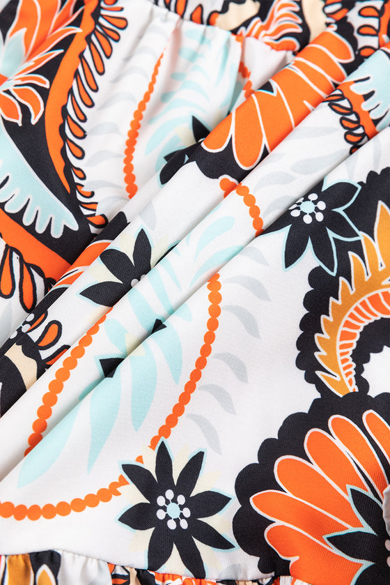 PACK6118501-P120-1, White Printed Boho Paisley Floral Print Puff Sleeve Mini Dress