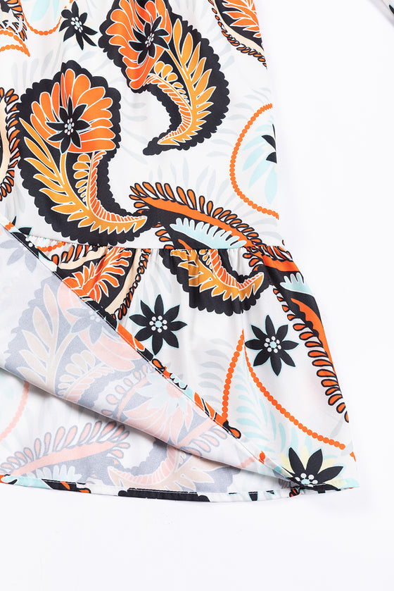 PACK6118501-P120-1, White Printed Boho Paisley Floral Print Puff Sleeve Mini Dress