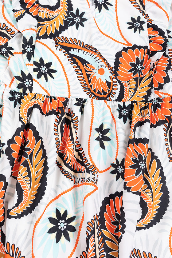 PACK6118501-P120-1, White Printed Boho Paisley Floral Print Puff Sleeve Mini Dress