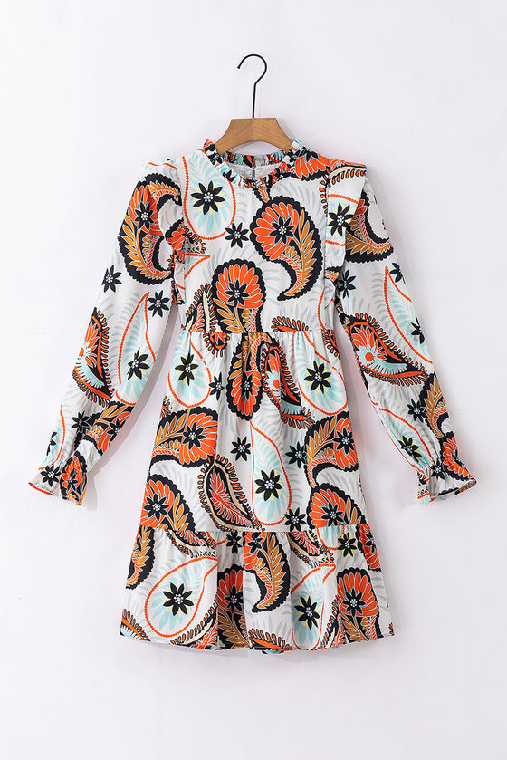 PACK6118501-P120-1, White Printed Boho Paisley Floral Print Puff Sleeve Mini Dress