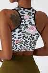 LC264662-P120-S, LC264662-P120-M, LC264662-P120-L, LC264662-P120-XL, White Floral Leopard Print Contrast Trim Crop Yoga Top