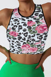 LC264662-P120-S, LC264662-P120-M, LC264662-P120-L, LC264662-P120-XL, White Floral Leopard Print Contrast Trim Crop Yoga Top