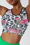 LC264662-P120-S, LC264662-P120-M, LC264662-P120-L, LC264662-P120-XL, White Floral Leopard Print Contrast Trim Crop Yoga Top