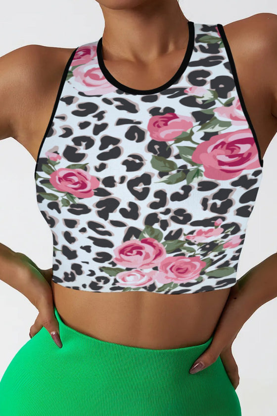 LC264662-P120-S, LC264662-P120-M, LC264662-P120-L, LC264662-P120-XL, White Floral Leopard Print Contrast Trim Crop Yoga Top