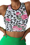 LC264662-P120-S, LC264662-P120-M, LC264662-P120-L, LC264662-P120-XL, White Floral Leopard Print Contrast Trim Crop Yoga Top
