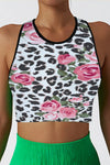 LC264662-P120-S, LC264662-P120-M, LC264662-P120-L, LC264662-P120-XL, White Floral Leopard Print Contrast Trim Crop Yoga Top