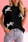 Lively Cheetah Pattern High Neck Short Sleeve Sweater