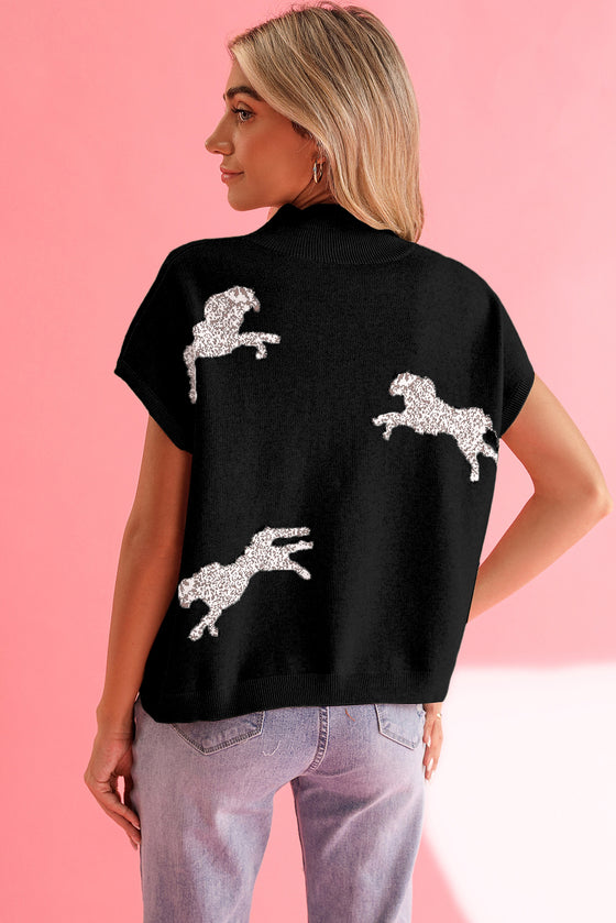 Lively Cheetah Pattern High Neck Short Sleeve Sweater