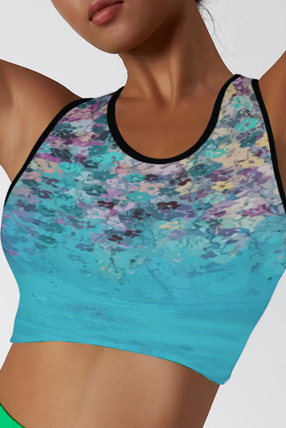 LC264656-P10420-S, LC264656-P10420-M, LC264656-P10420-L, LC264656-P10420-XL, Sky Blue Abstract Floral Print Seamless Active Tank Top