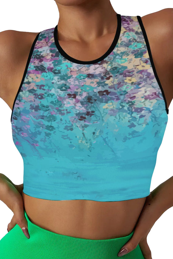 LC264656-P10420-S, LC264656-P10420-M, LC264656-P10420-L, LC264656-P10420-XL, Sky Blue Abstract Floral Print Seamless Active Tank Top