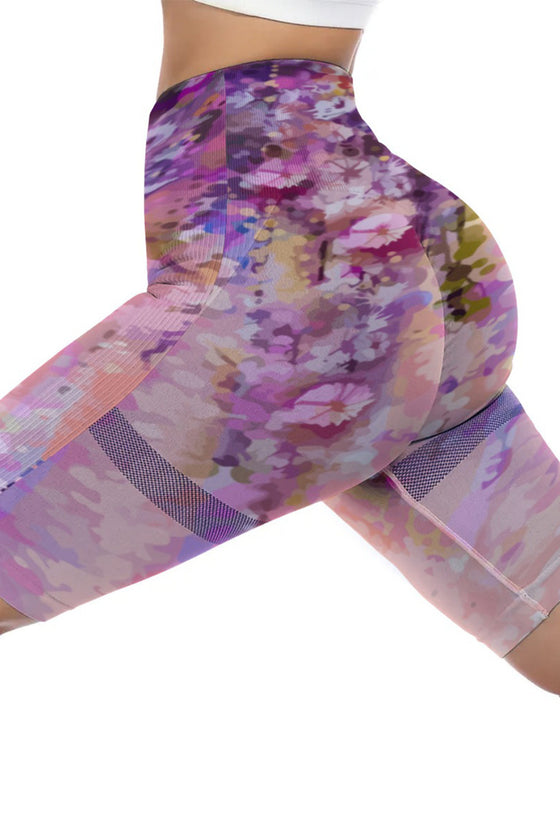 LC265454-P1020-S, LC265454-P1020-M, LC265454-P1020-L, LC265454-P1020-XL, Pink Abstract Floral Print High Waist Yoga Shorts