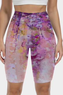  LC265454-P1020-S, LC265454-P1020-M, LC265454-P1020-L, LC265454-P1020-XL, Pink Abstract Floral Print High Waist Yoga Shorts