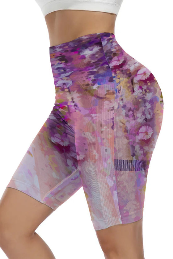 LC265454-P1020-S, LC265454-P1020-M, LC265454-P1020-L, LC265454-P1020-XL, Pink Abstract Floral Print High Waist Yoga Shorts