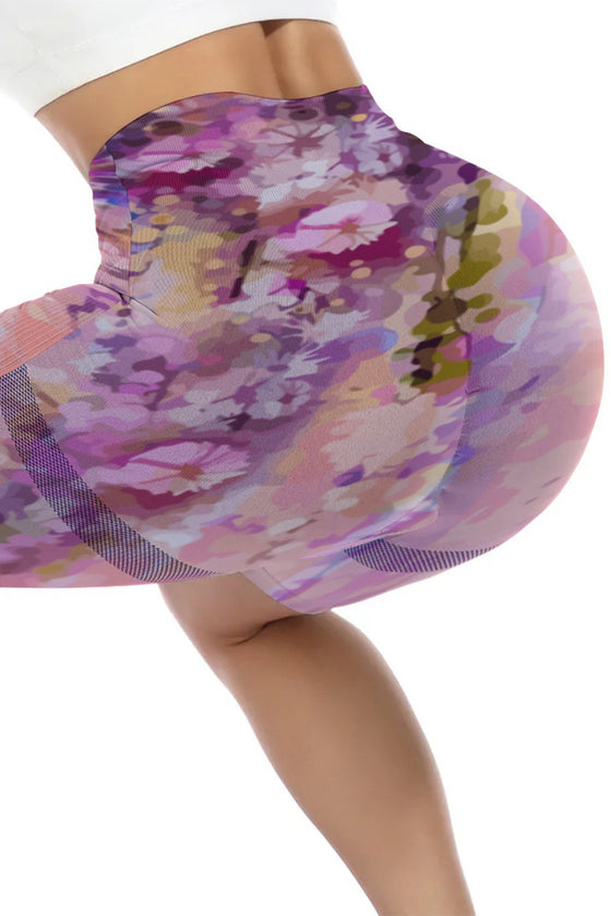 LC265454-P1020-S, LC265454-P1020-M, LC265454-P1020-L, LC265454-P1020-XL, Pink Abstract Floral Print High Waist Yoga Shorts