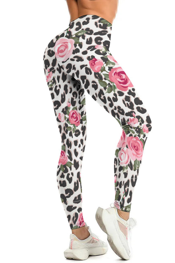LC265451-P120-S, LC265451-P120-M, LC265451-P120-L, LC265451-P120-XL, White Floral Leopard Print High Waist Yoga Leggings