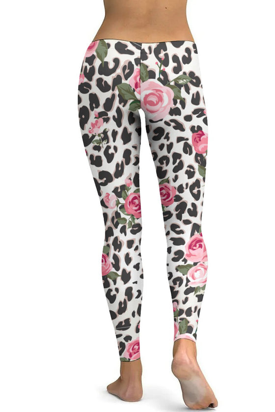 LC265451-P120-S, LC265451-P120-M, LC265451-P120-L, LC265451-P120-XL, White Floral Leopard Print High Waist Yoga Leggings