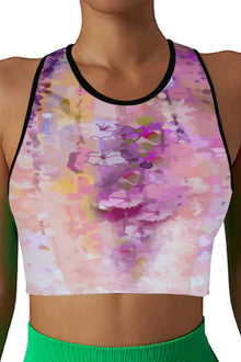  LC264664-P1020-S, LC264664-P1020-M, LC264664-P1020-L, LC264664-P1020-XL, Pink Abstract Floral Print Contrast Trim Crop Active Tank