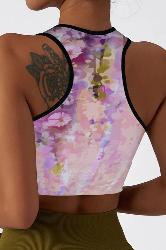 LC264664-P1020-S, LC264664-P1020-M, LC264664-P1020-L, LC264664-P1020-XL, Pink Abstract Floral Print Contrast Trim Crop Active Tank