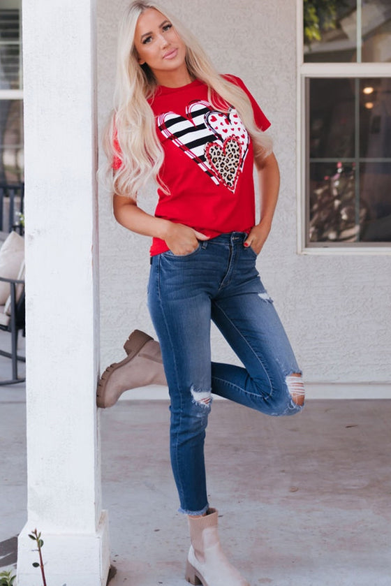 PACK25224432-103-1, Red Leopard Striped Heart Shaped Print Crew Neck T Shirt