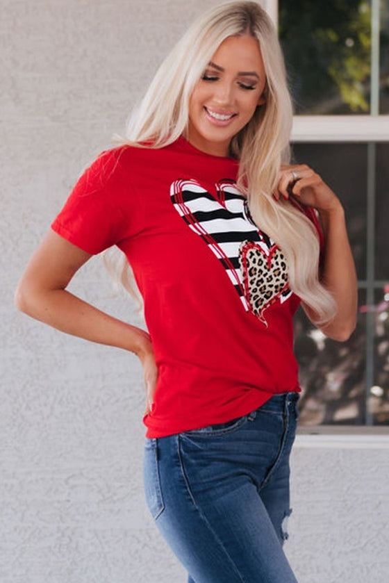 PACK25224432-103-1, Red Leopard Striped Heart Shaped Print Crew Neck T Shirt