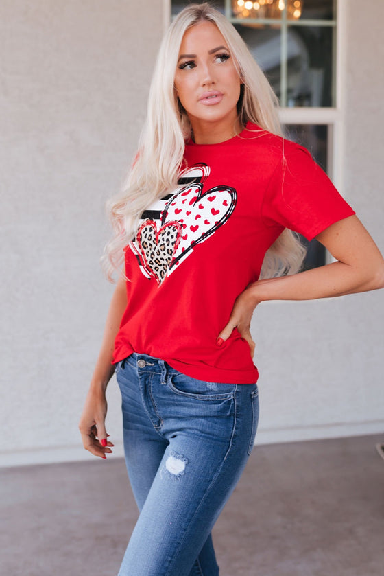 PACK25224432-103-1, Red Leopard Striped Heart Shaped Print Crew Neck T Shirt