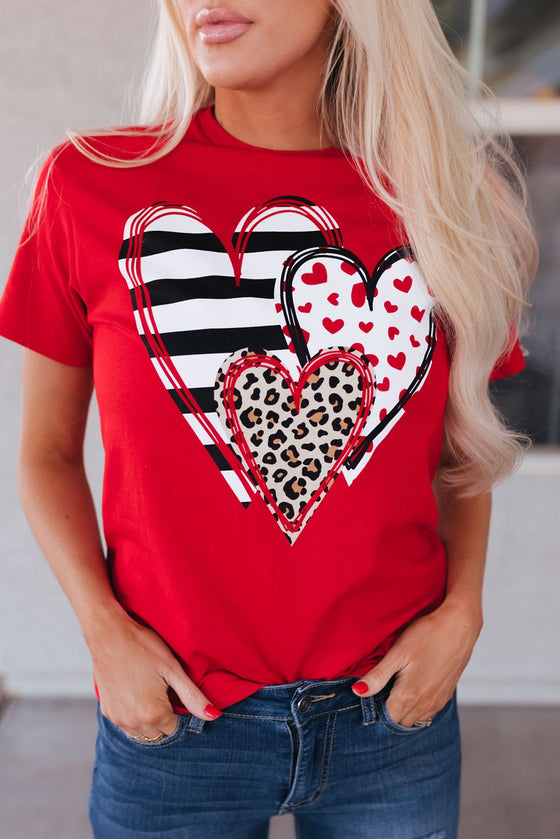 PACK25224432-103-1, Red Leopard Striped Heart Shaped Print Crew Neck T Shirt