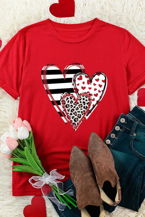 PACK25224432-103-1, Red Leopard Striped Heart Shaped Print Crew Neck T Shirt