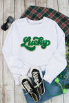 PACK25317156-1-1, White Shiny Trim Chenille Lucky Pattern Sweatshirt