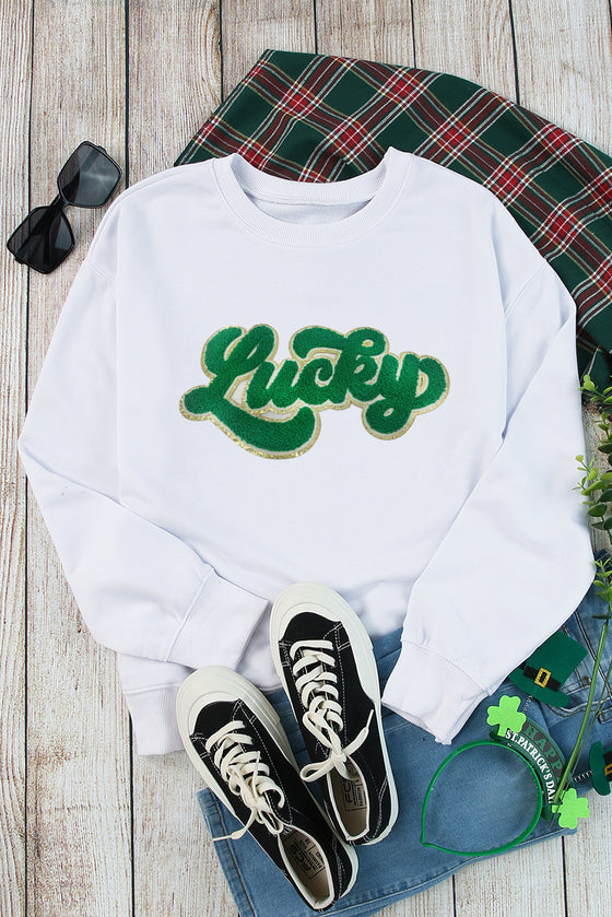 PACK25317156-1-1, White Shiny Trim Chenille Lucky Pattern Sweatshirt