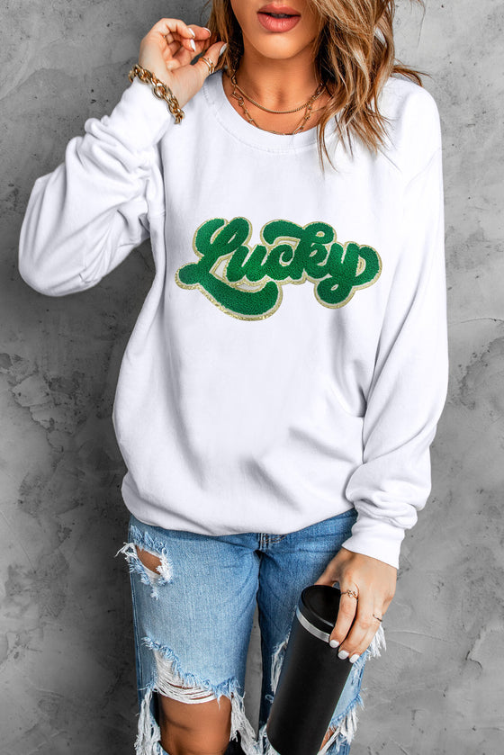 PACK25317156-1-1, White Shiny Trim Chenille Lucky Pattern Sweatshirt