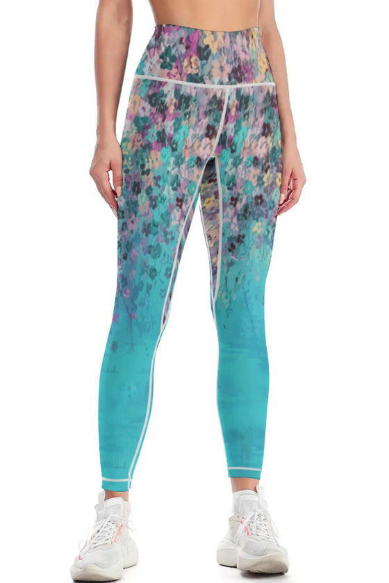 LC265444-P10420-S, LC265444-P10420-M, LC265444-P10420-L, LC265444-P10420-XL, Sky Blue Contrast Trim Abstract Floral Yoga Pants